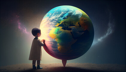 Cute kid with big earth planet balloon. Save the earth. Save environment. Save the baby. Ai generated image