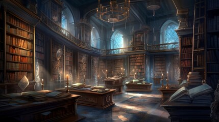 Obraz premium Fantasy concept digital art. An ancient, enchanted library filled with magical tomes and scrolls. Generative ai.