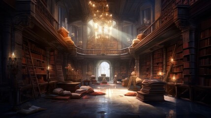 Fantasy concept digital art. An ancient, enchanted library filled with magical tomes and scrolls. Generative ai.
