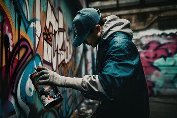 Graffiti artist paining something on the wall, AI generative illustration