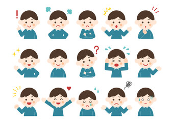 若い男性の表情とポーズのイラストセット