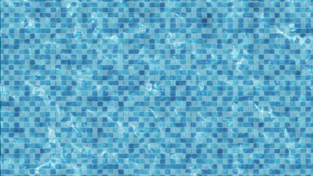 Pure blue water in the pool with light reflections and caustics on the surface. Swaying turquoise water seamless background animation. Modern swimming pool with shimmering slow motion curvy lines