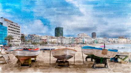 the canteras beach,watercolor illustration.Canary Islands, Gran Canaria,