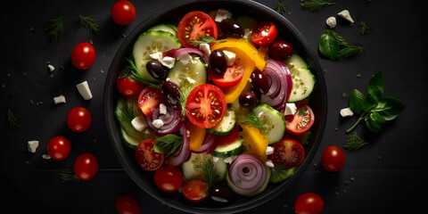 Fototapeta na wymiar healthy and tasty greek salad in a black bowl, top view, created with generative ai