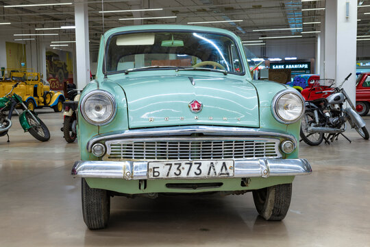SAINT PETERSBURG, RUSSIA - MARCH 29, 2023: Soviet retro car of the Moskvich-407 in retro transport museum. Front view. Shopping and entertainment complex "Leto"