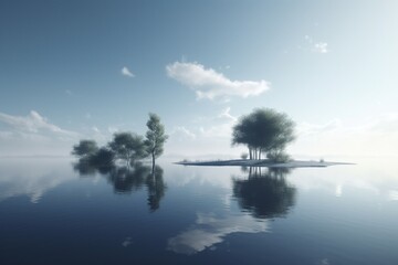 A minimalist landscape with a calm, reflective body of water, Generative AI