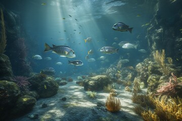 A detailed illustration of a group of fish in an underwater environment, Generative AI