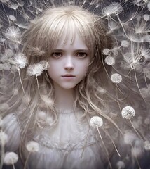 Beautiful little girl with dandelions. Flying dandelions intertwine in loose hair. Fairytale girl in a delicate white dress. Generative, AI, Generative AI