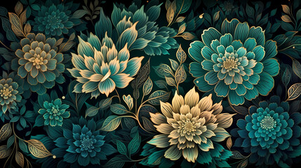 Beautiful teal and golden floral wallpaper