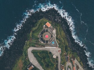Drone view of Farol do Arnel in Sao Miguel, the Azores