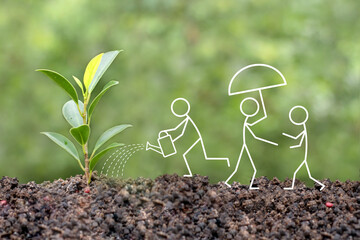 illustration of a stick figure saving the earth. someone is watering the plants, the other is...