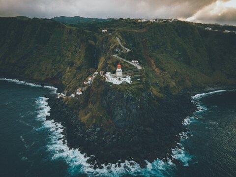 Drone view of Farol do Arnel in Sao Miguel, the Azores