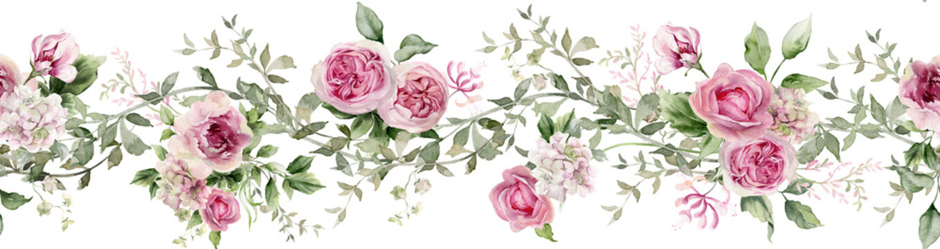 Watercolor flowers seamless border. Pink peony, rose, hydrangea. Floral arrangement for card, invitation, decoration. Illustration isolated on transparent background