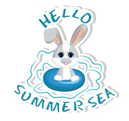 Sticker with symbol of the 2023 year. Cute little rabbit (hare) swimming in the sea.