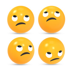 3D rendered eyes rolling face or confused emoji reaction icon with different view 