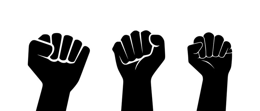 Clenched fists raised in protest human hands in the air silhouette black filled vector Illustration icon t-shirts cards