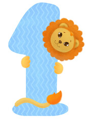 Number animal. Blue number 1 (one) with cute lion head, paws and tail. Isolated on transparent background. 