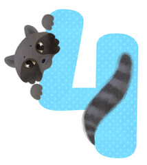 Number animal. Blue number 4 (four) with cute raccoon head, paws and tail. Isolated on transparent background. Baby birthday card, invitation. 