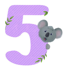Number animal. Purple number 5 (five) with cute koala head. Isolated on transparent background. 