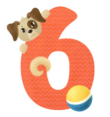 Number animal. Red number 6 (six) with cute dog head, paws, tail and ball toy. Isolated on transparent background. Baby birthday card, invitation. 