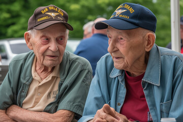 Veterans sharing stories and memories at a Memorial Day gathering. Memorial day Generative AI