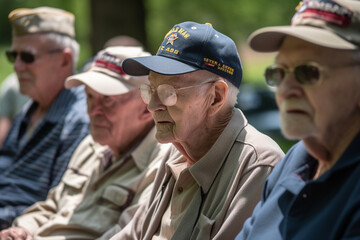 Fototapeta premium Veterans sharing stories and memories at a Memorial Day gathering. Memorial day Generative AI