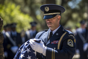 Obraz premium A military honor guard performing a ceremonial flag folding at a Memorial Day service. Memorial day Generative AI
