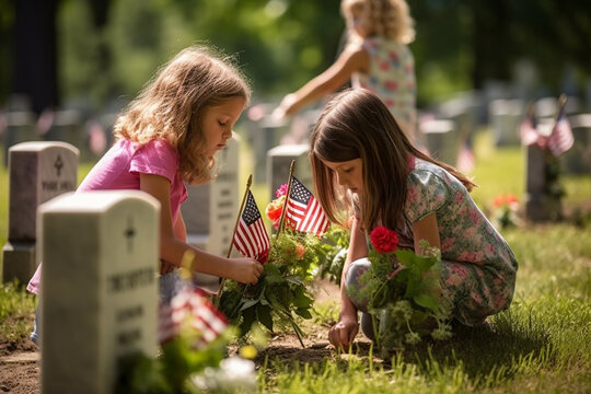 Children placing flowers on the graves of fallen soldiers, honoring their sacrifice. Memorial day Generative AI