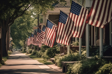 American flags lining the streets of a small town in preparation for Memorial Day. Memorial day Generative AI - obrazy, fototapety, plakaty