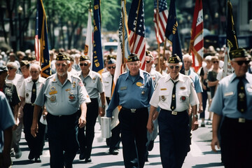 Veterans marching in a Memorial Day parade, carrying banners and flags. Memorial day Generative AI