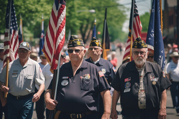 Veterans marching in a Memorial Day parade, carrying banners and flags. Memorial day Generative AI