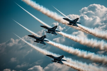 Military aircraft flying in formation, leaving trails of smoke in a Memorial Day air show. Memorial day Generative AI