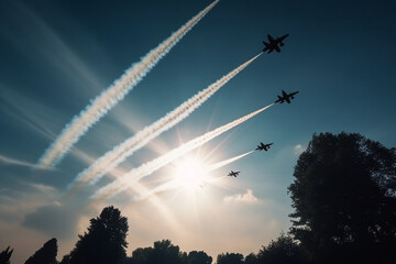 Military aircraft flying in formation, leaving trails of smoke in a Memorial Day air show. Memorial day Generative AI - obrazy, fototapety, plakaty