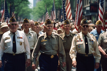 Veterans marching in a Memorial Day parade, carrying banners and flags. Memorial day Generative AI