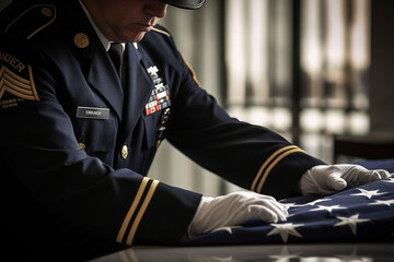 A military honor guard folding an American flag with precision and solemnity. Memorial day Generative AI