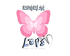 Grunge Love slogan with butterfly vector.Graffiti design illustration .