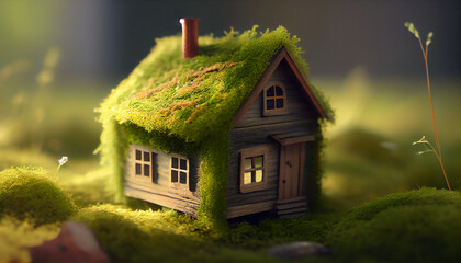 Fototapeta na wymiar Miniature wooden house in grass moss. World Environment Day. World Earth Day. Green Environment. Ai generated image