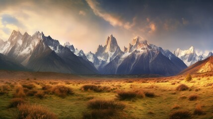 Fototapeta na wymiar Beautiful landscape of the panoramic mountain range, Generative AI