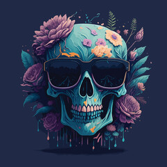 Fototapeta premium Skull wearing trendy sunglasses flower splash vector art