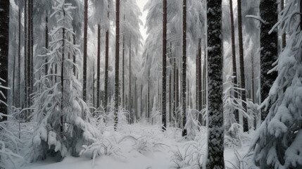 Beautiful landscape of the snowy evergreen forest, Generative AI