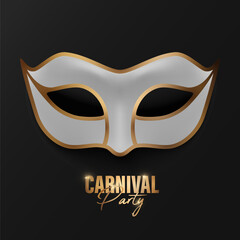Vector 3d Realistic White and Golden Carnival Face Mask on Black Background. Mask for Party, Masquerade Closeup. Design Template of Mask. Carnival, Party, Secret, Hero, Stranger Concept