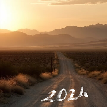 Number 2024 on empty road in the desert with mountains in the background at sunset, AI generative New Year concept image