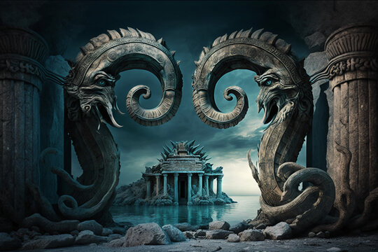 Atlantis. Ancient city. Ancient civilization. AI generation
