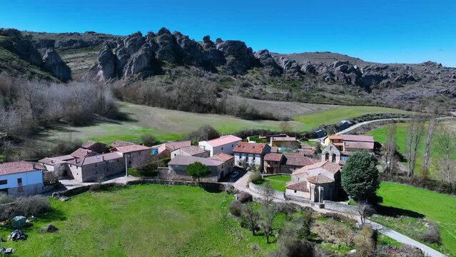 Winter landscape in the surroundings of Gama. Aerial view from a drone. Recuevas Valley. World geological heritage UNESCO. Las Loras Geopark. Palencia. Castile and Leon. Spain, Europe
