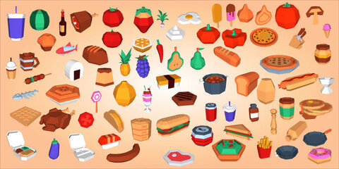 Fototapeta na wymiar Ultimate low-poly fast food pack collection one