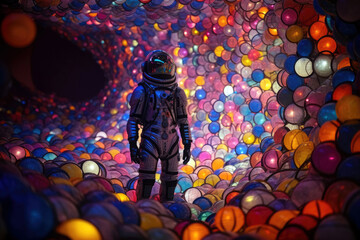 Naklejka premium spaceman in the world of glowing, floating orbs, futuristic astronaut concept, generative ai