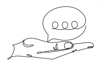 Continuous line vector illustration of hand holding speech bubbles. Man holding a message icon, bubble talk notification sign in his hands. Chat icon, sms icon, comments icon,speech bubbles.