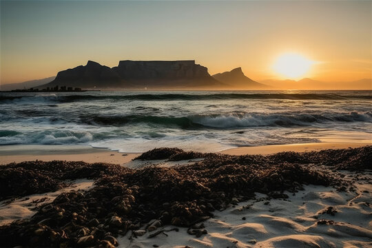 Sunset Beach near Cape Town. View to Table Mountain created with Generative AI technology