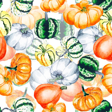 Pumpkins. Watercolor drawing of bright pumpkins. Seamless pattern with vegetables on a white background