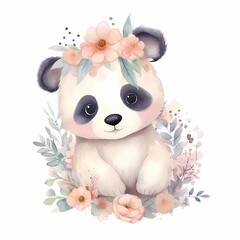Cute little panda with flowers hand drawing ilustration decoration water color